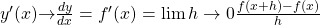  y'(x) {\rightarrow}\frac{dy}{dx}=f'(x)=\lim{h\rightarrow{}0} \frac{f(x+h)-f(x)}{h} 